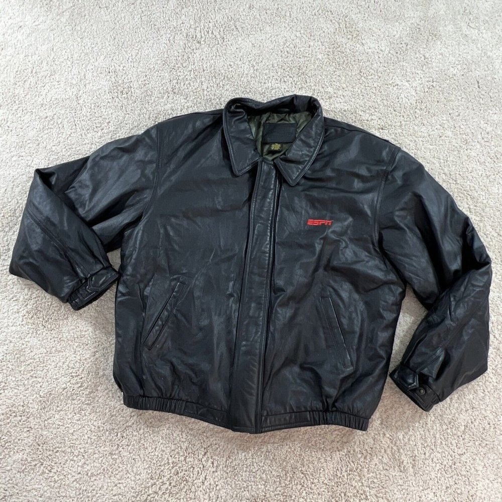 Port Authority Mens Leather Jacket XL Black Bomber ESPN - Picture 3 of 13